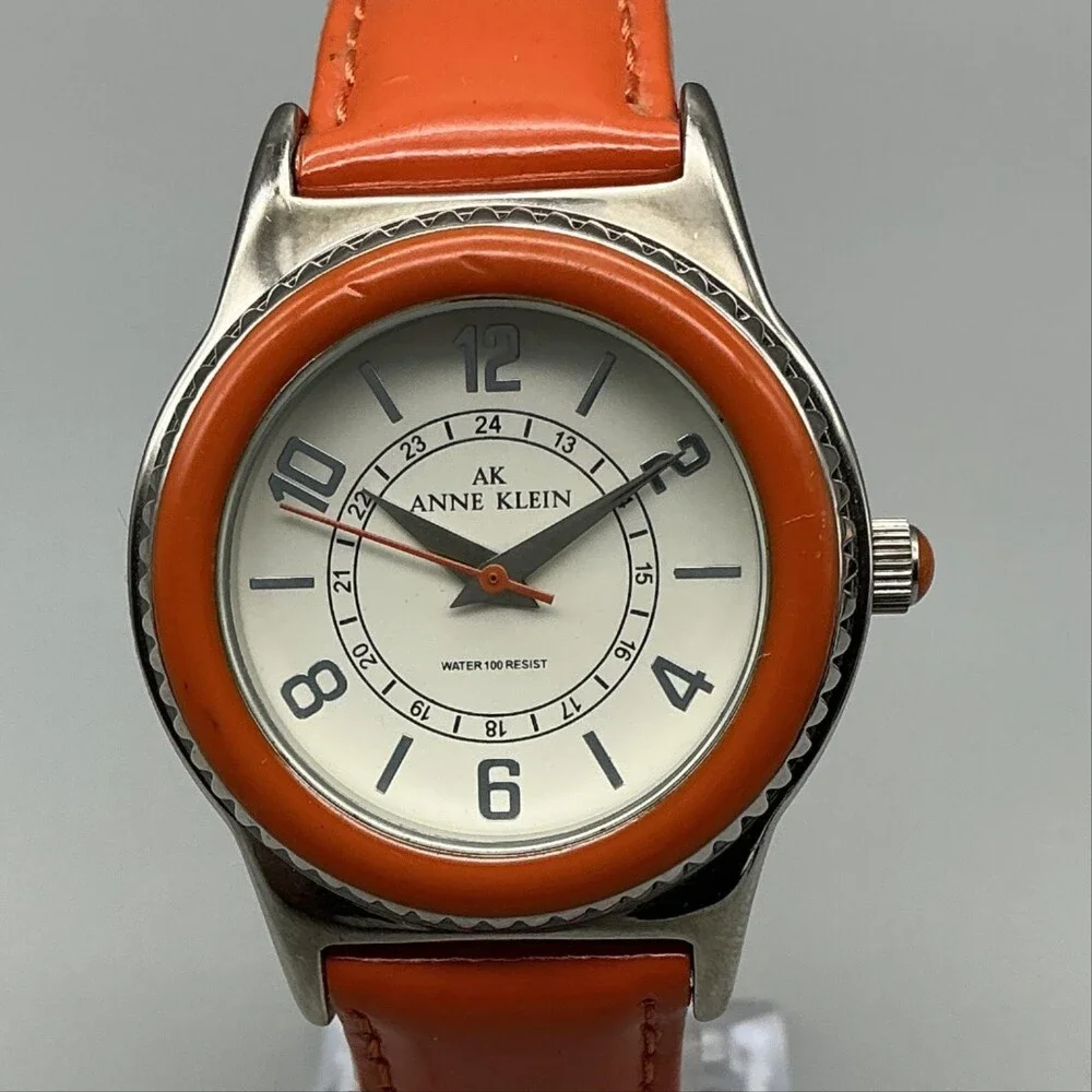 Anne Klein 1088697 Women Watch 35mm Silver Tone Orange Bezel Leather New Battery